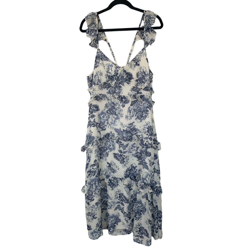 o.p.t Blue & White Ingrid Floral Ruffle Tiered Midi Dress Size Large